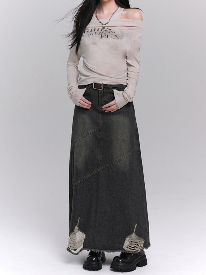 Washed Damaged Denim Skirt X2827