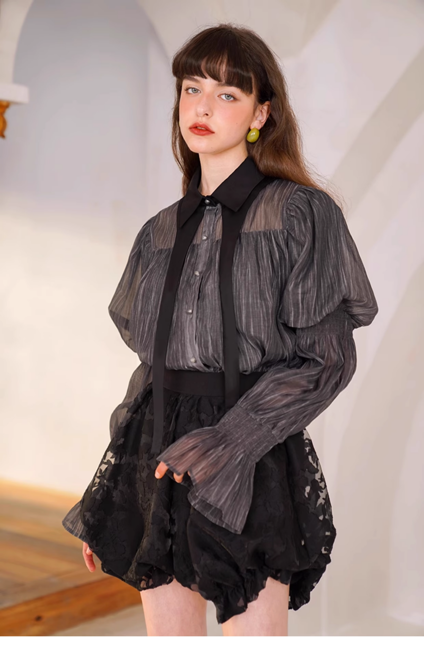 Elegant Black Puff Sleeve Shirt X3345