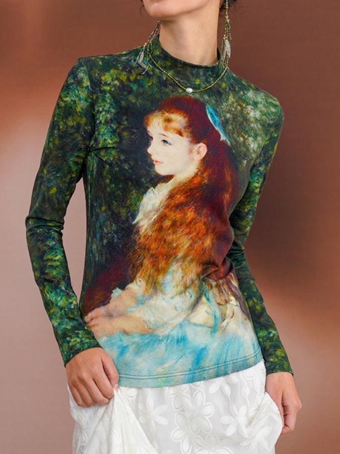 Retro Art Print Slim Bottoming Shirt X2674