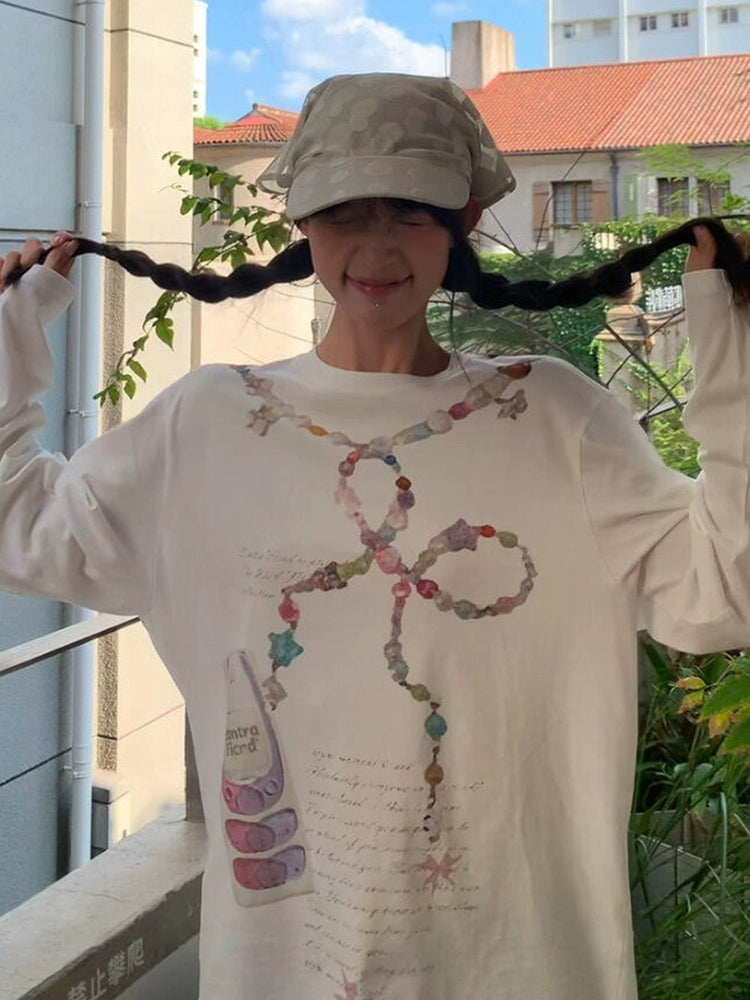 Oversize 復古印花白色長袖T卹 X3148