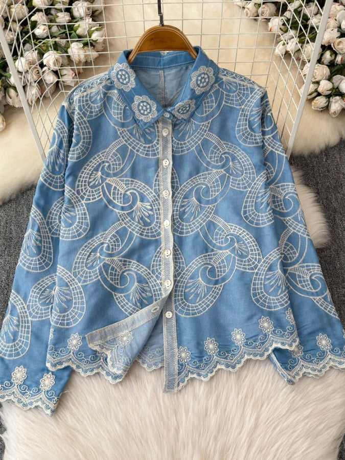 復古花朵刺繡獨特襯衫 X2930