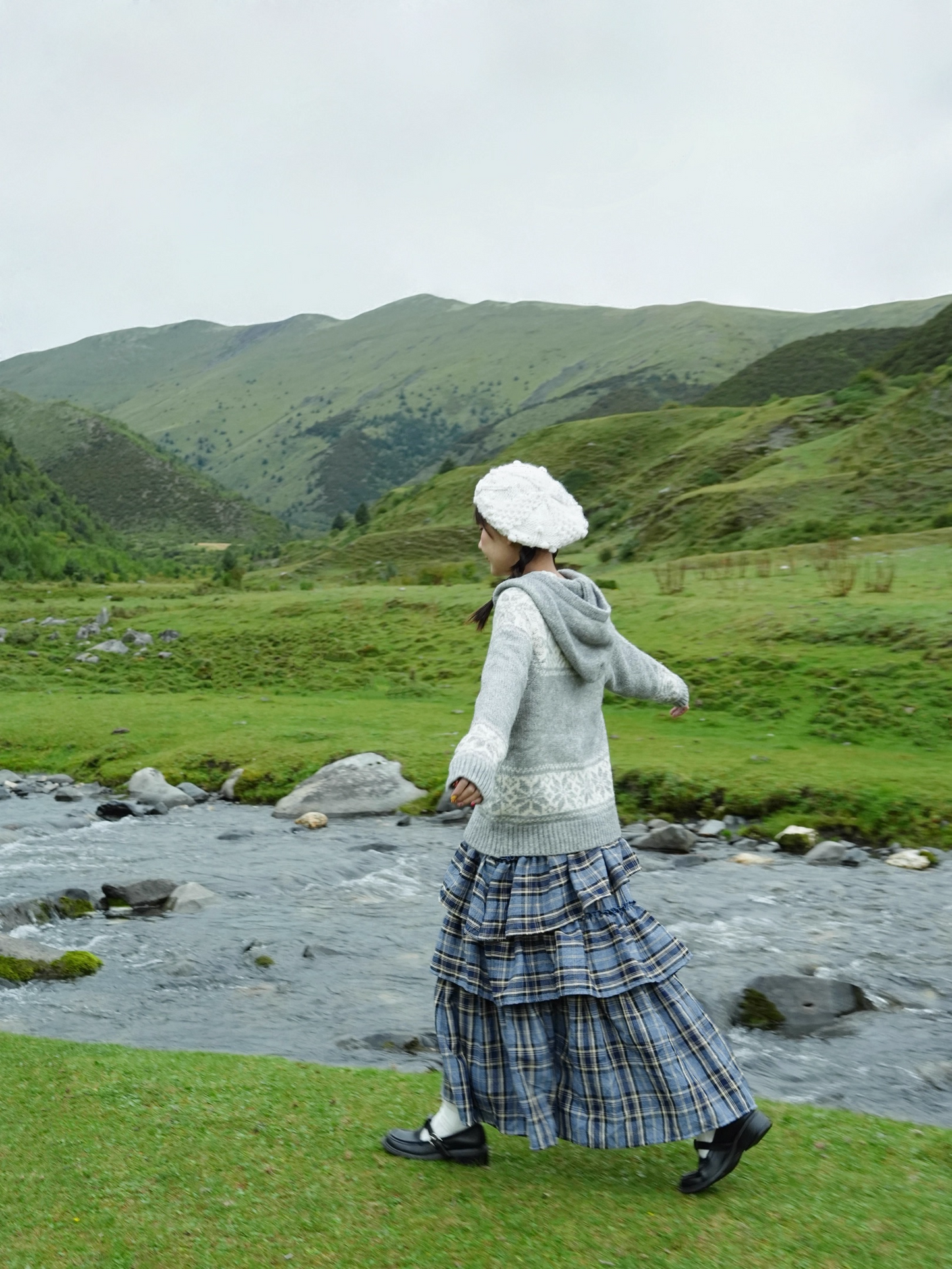Autumn Winter Brushed Retro Check Tiered Skirt X3406