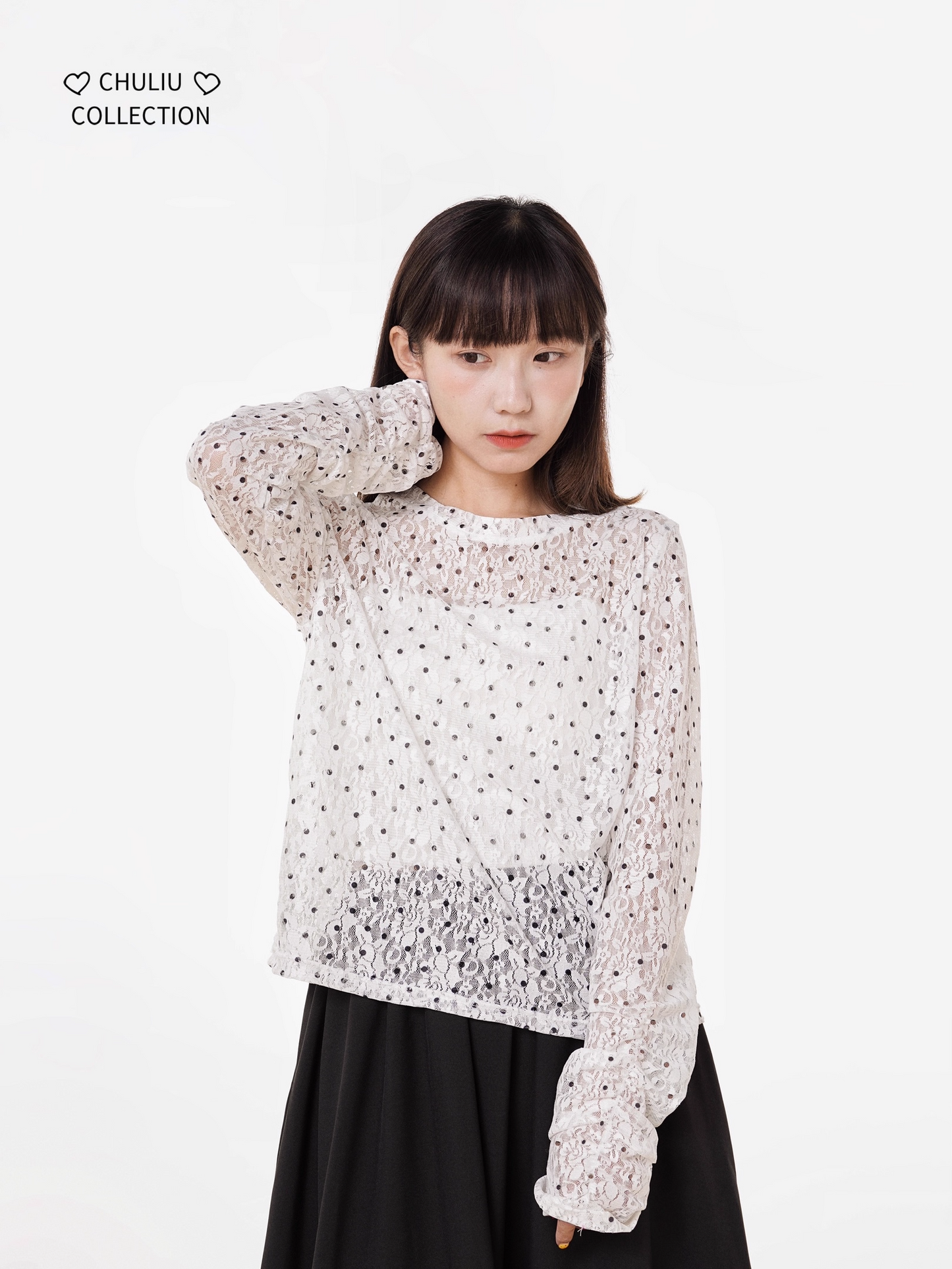 Retro Polka Dot Lace Stretch Loose Top X3398