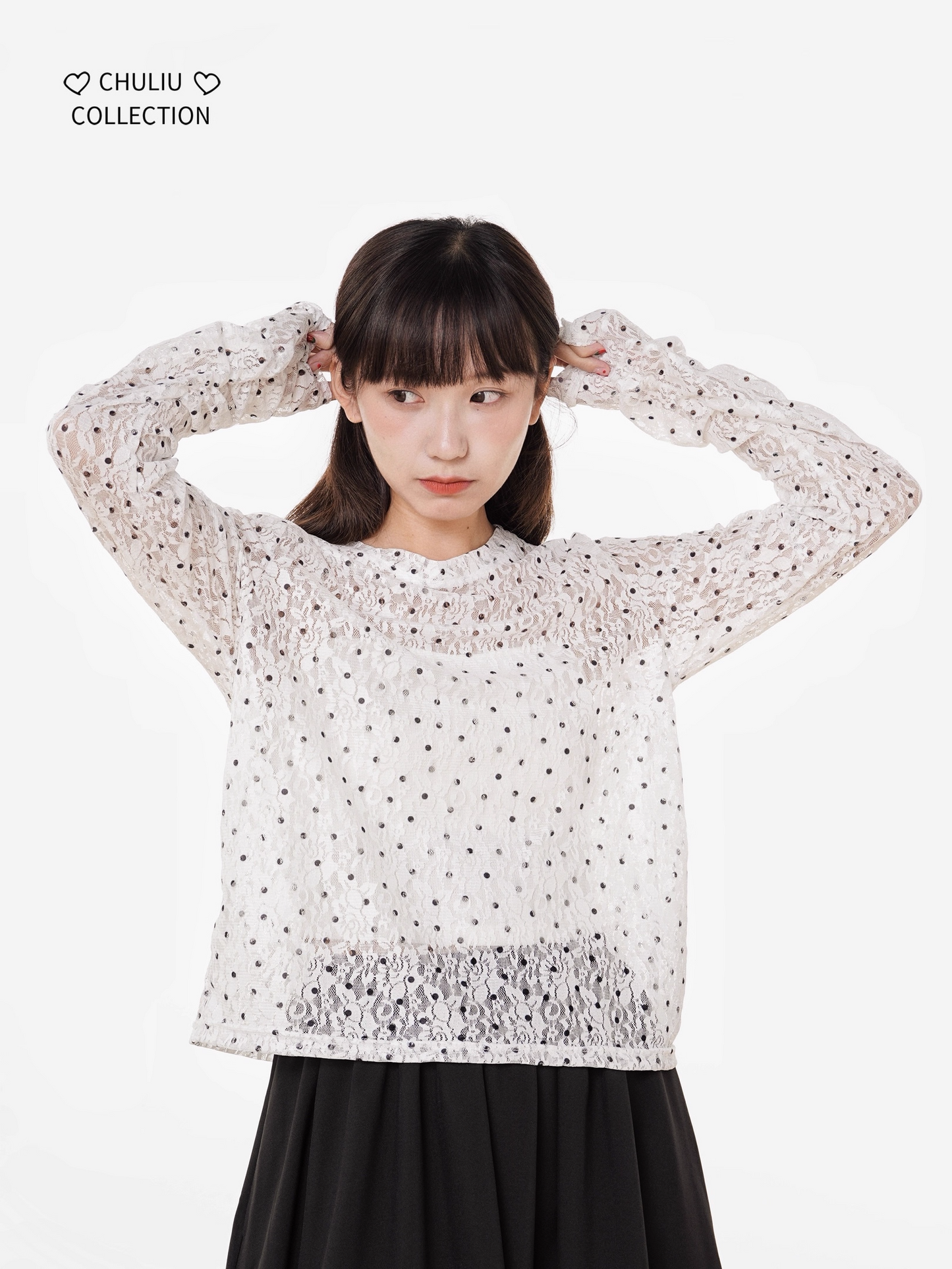 Retro Polka Dot Lace Stretch Loose Top X3398