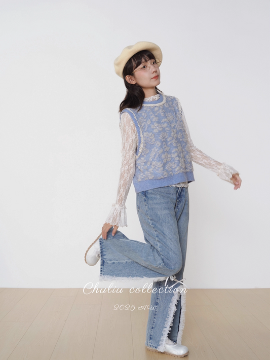 Sleeveless Distressed Style Vintage Textured Floral Knit Vest X3357