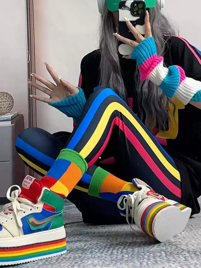 彩條紋修身緊身褲 X2863