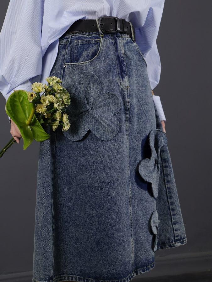 3D Flower Decorated Denim Skirt X2758