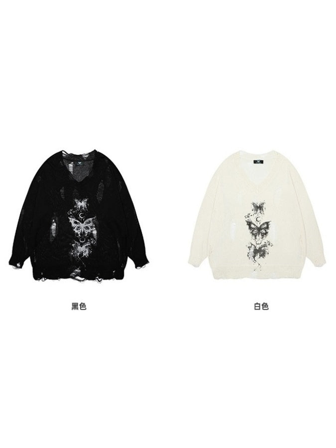 寬V領破洞套頭衫 X2826