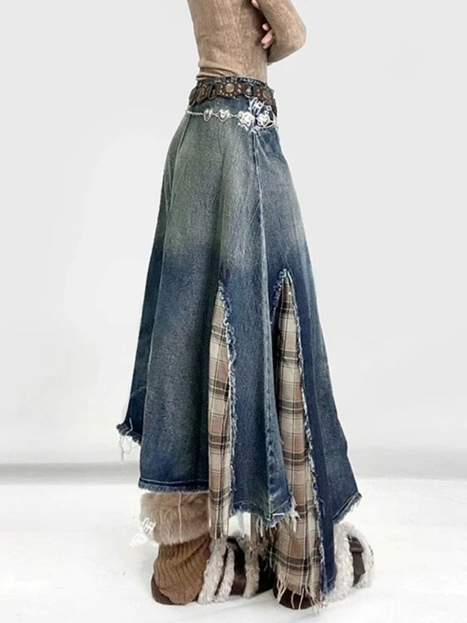 Cut-off combination denim skirt X2989