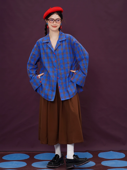 Klein Blue Plaid Retro Loose Long-Sleeve Shirt X3394