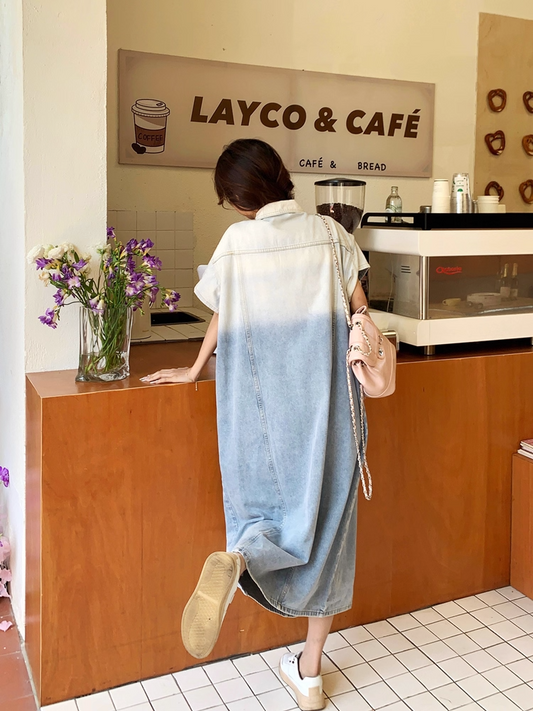 Gradient Color Loose Denim Shirt Dress X3320