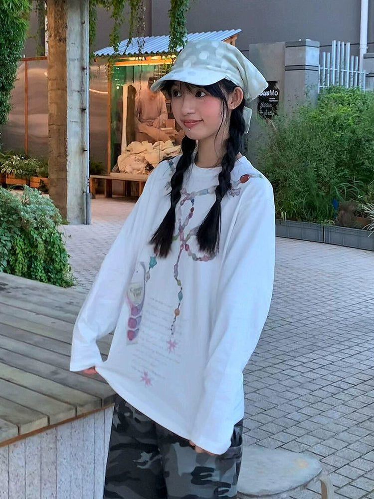 Oversize 復古印花白色長袖T卹 X3148