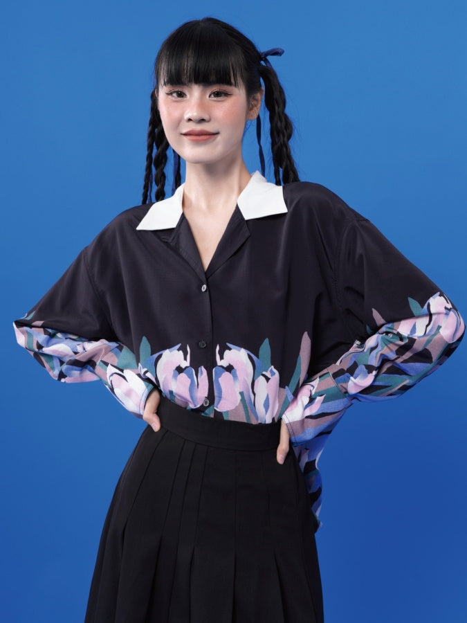 鬱金香花朵圖案單色長袖設計襯衫 X2851