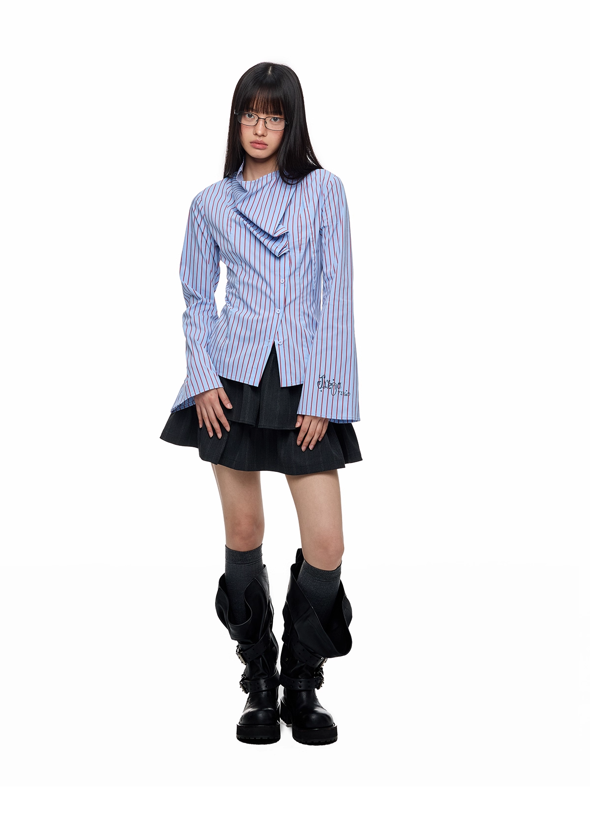 Blue Striped Long Sleeve Overlap Collar Shirt X3333