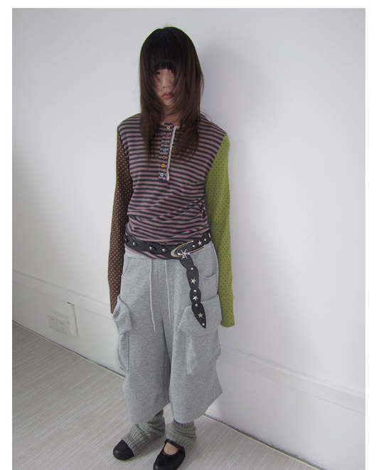 Stripe & Polka Dot Lace Patchwork Long T-Shirt X3422