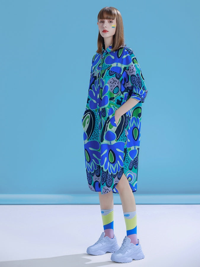 Colorful Flower Pattern Shirt Dress X2784