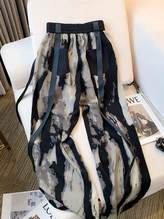 Chinese Style Ice Silk Wide-Leg Pants with Ribbon Tie X3236