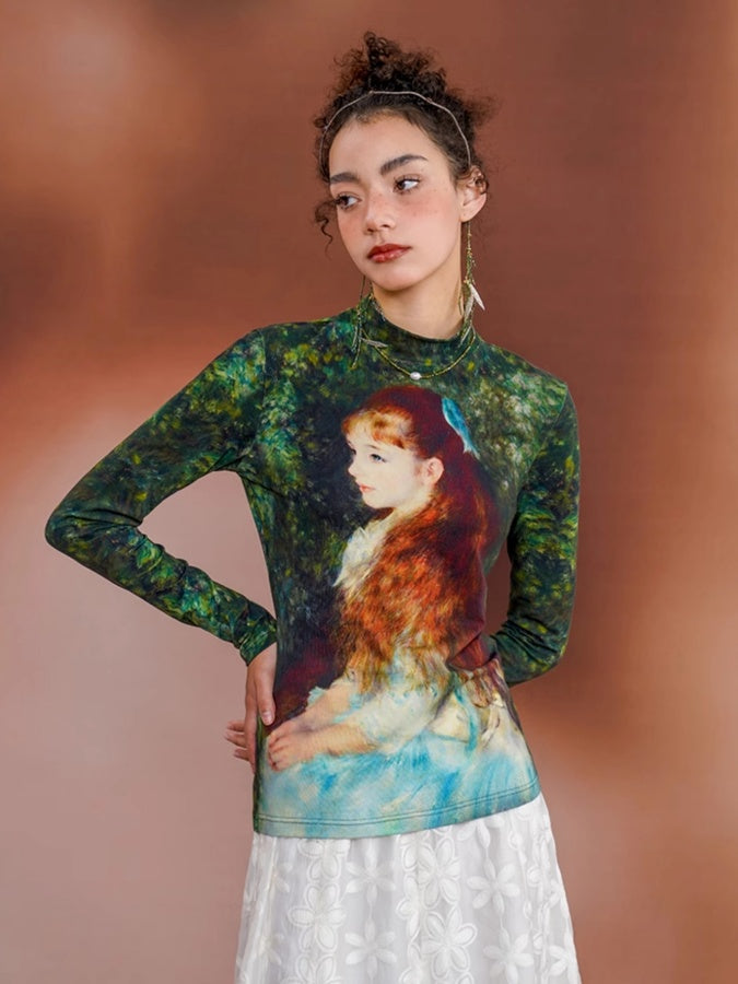 Retro Art Print Slim Bottoming Shirt X2674