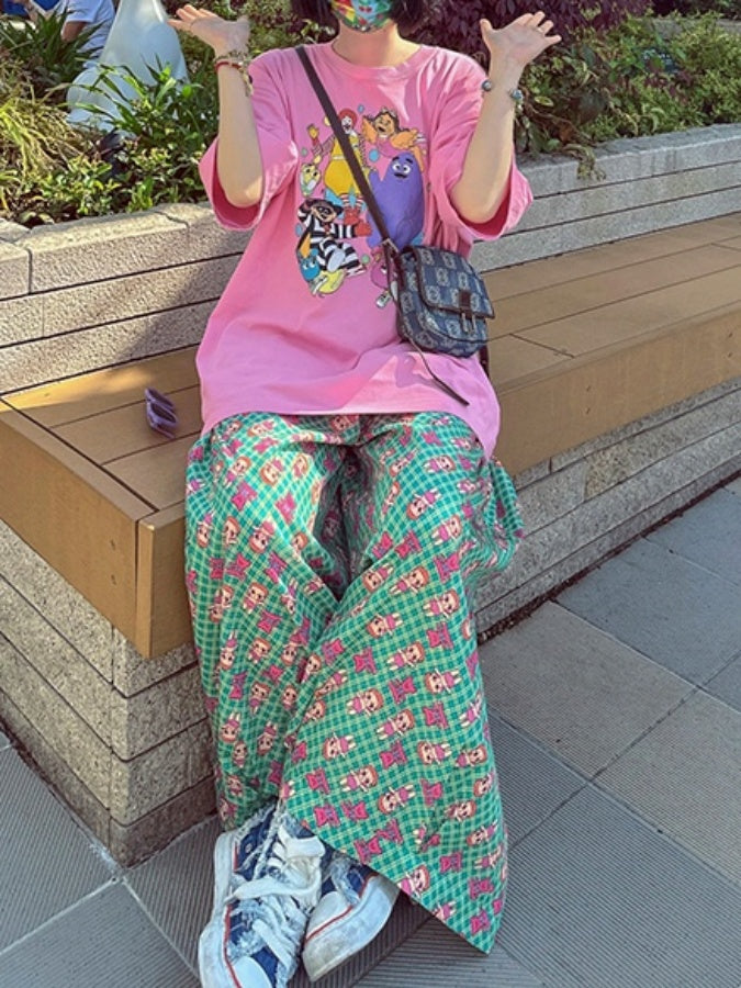 Retro cute print loose pants X2743