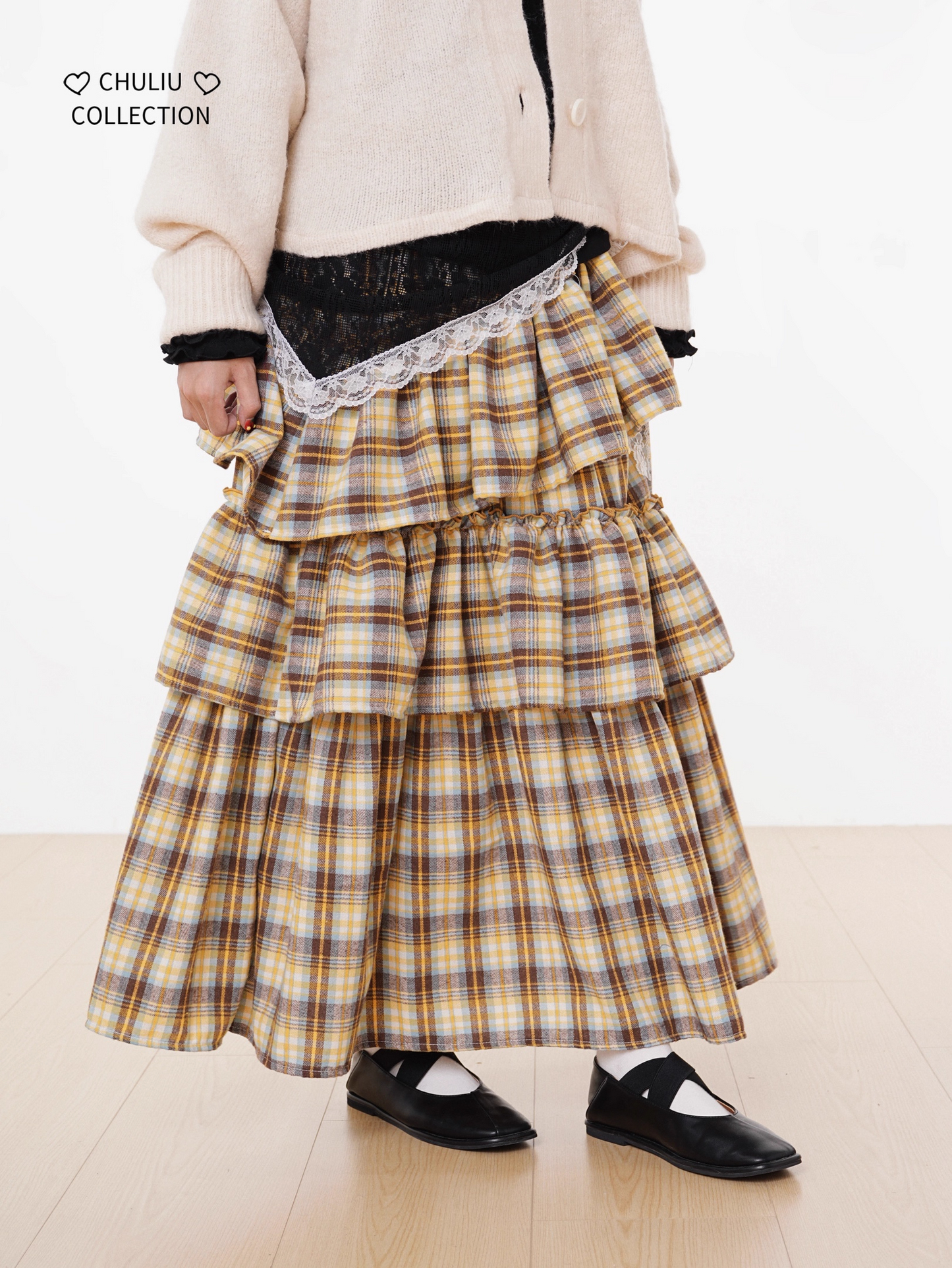 Autumn Winter Brushed Retro Check Tiered Skirt X3406