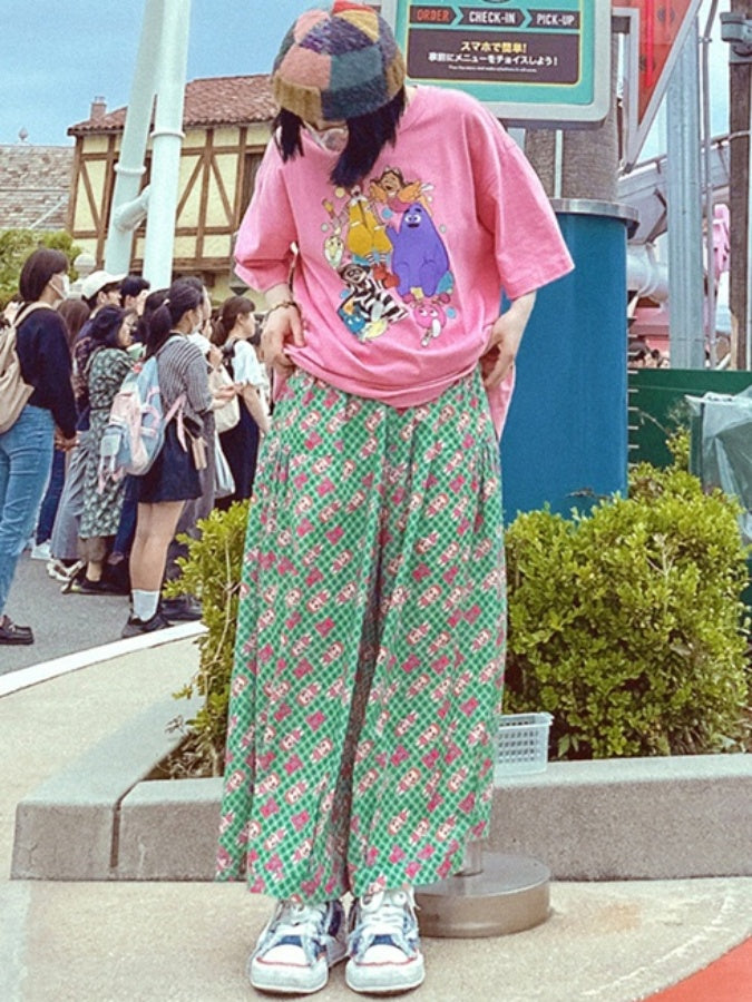 Retro cute print loose pants X2743