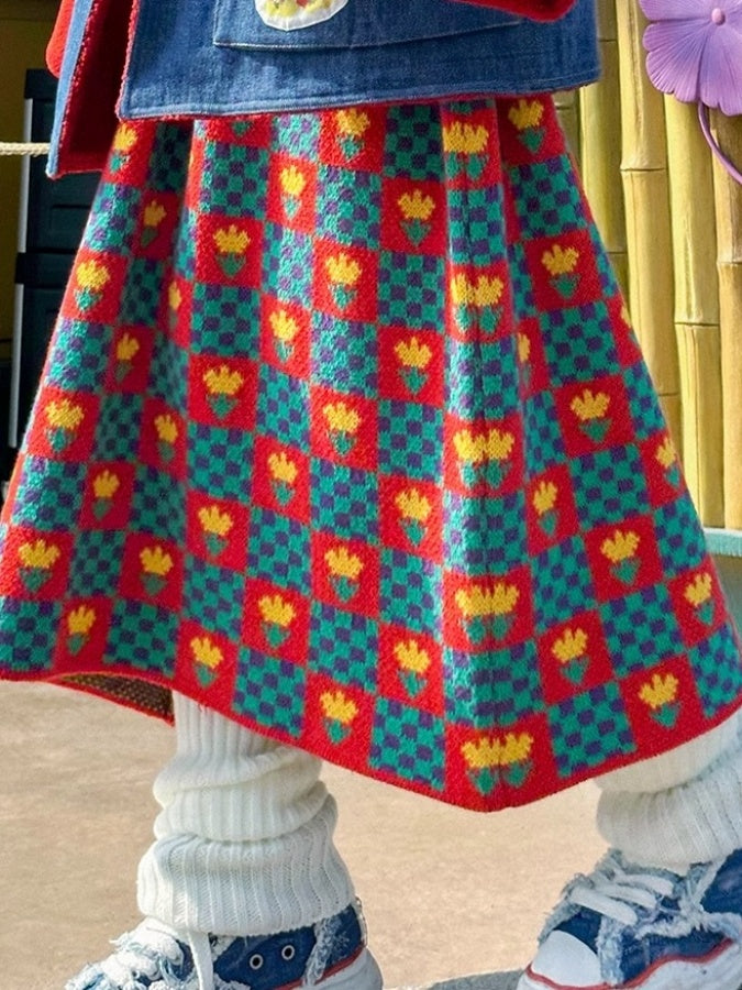 Checked flower knit skirt X2595