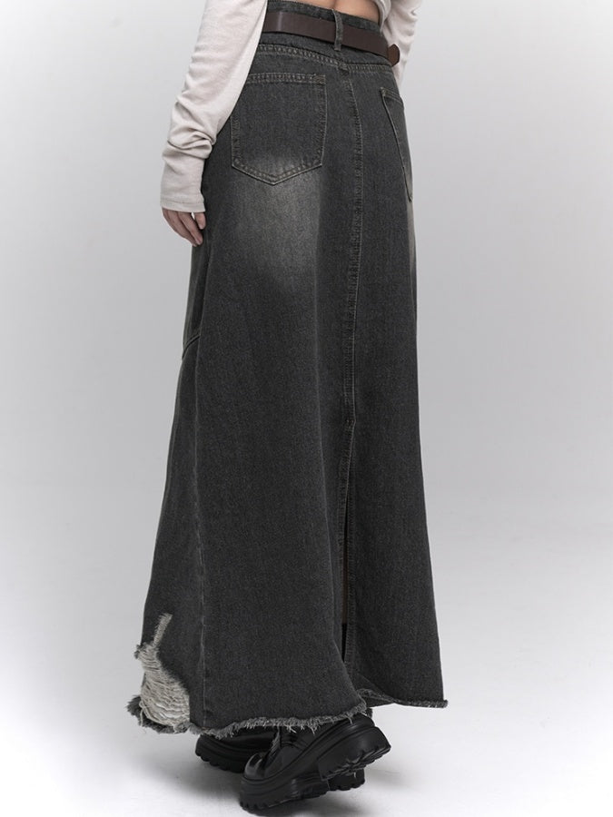 Washed Damaged Denim Skirt X2827