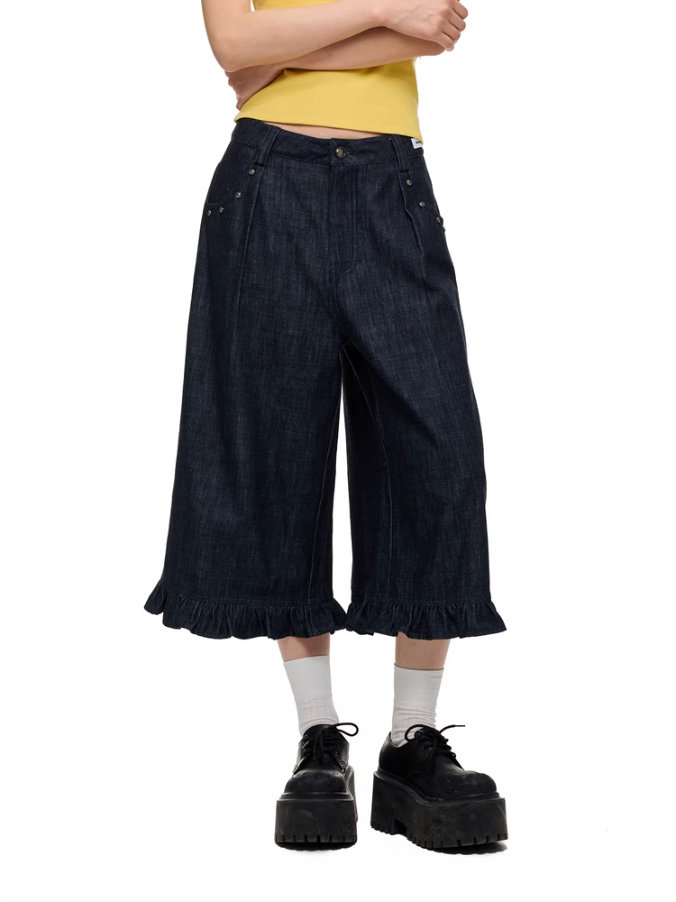 Washed Denim Wide-Leg Cropped Pants X3335