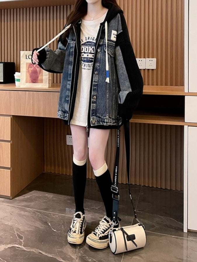 牛仔拼布針織毛衣外套 X2940