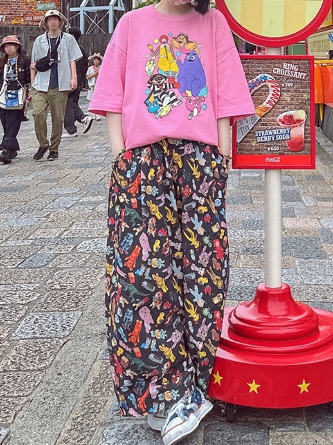 插畫印花寬褲工作褲 X2741