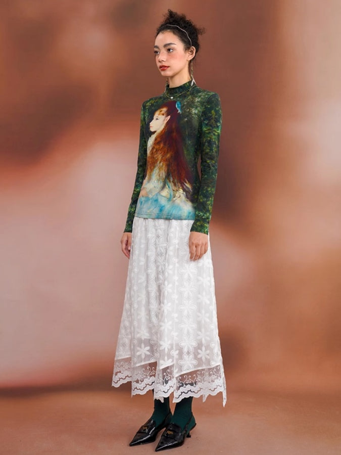 Retro Art Print Slim Bottoming Shirt X2674