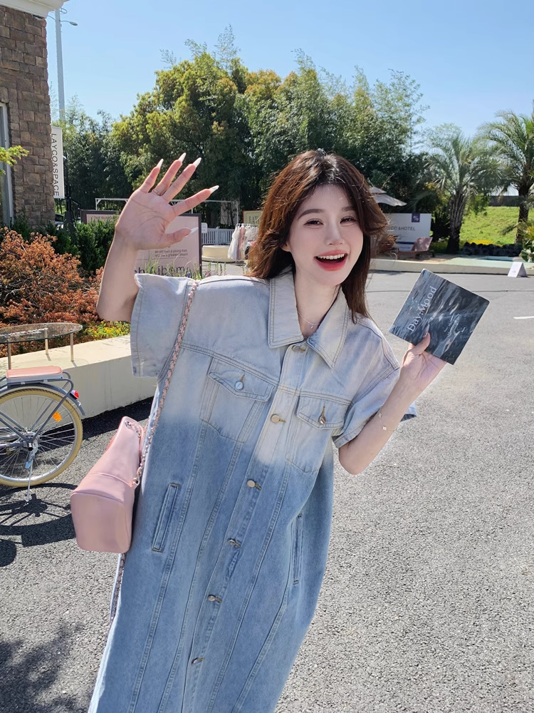 Gradient Color Loose Denim Shirt Dress X3320