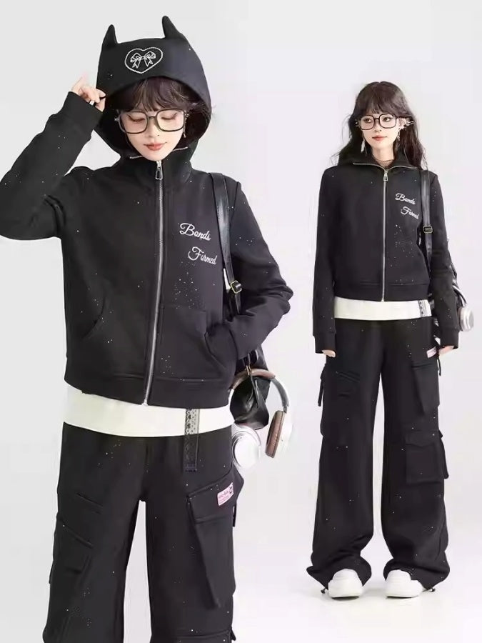 裝飾連帽衫/寬鬆直筒側袋褲 X2981