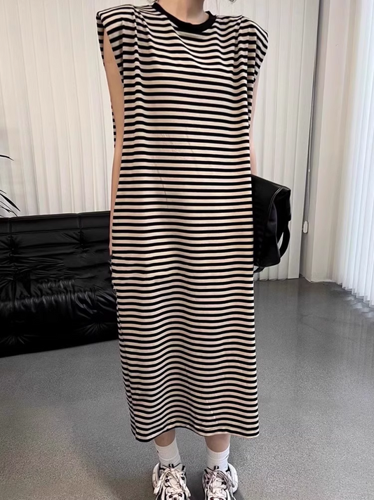 Sleeveless Striped Shoulder-Pad Dress X3306