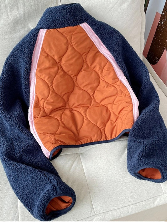 Color block fleece cropped jacket X2563