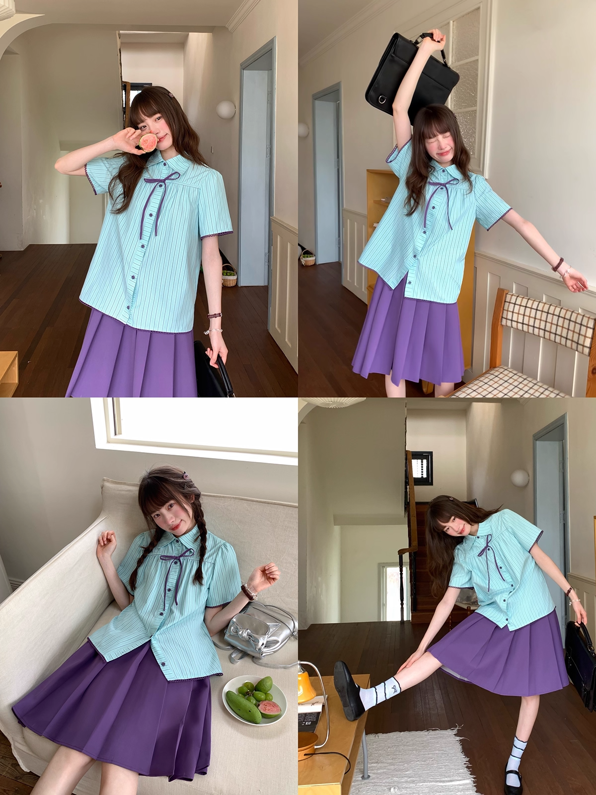 Cheese Color Bow Tie Sailor Collar Loose Shirt/Shorts Set X3323