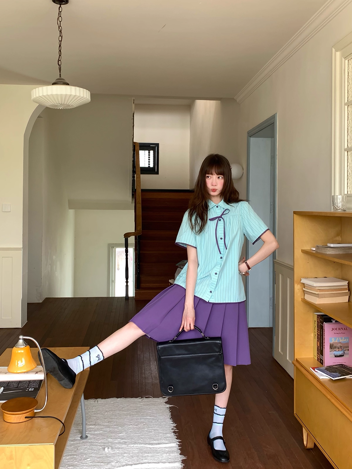 Cheese Color Bow Tie Sailor Collar Loose Shirt/Shorts Set X3323