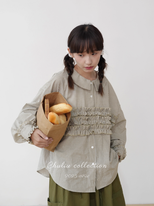 Handmade Ruffled Pleated Long Sleeve Plaid Shirt X3353