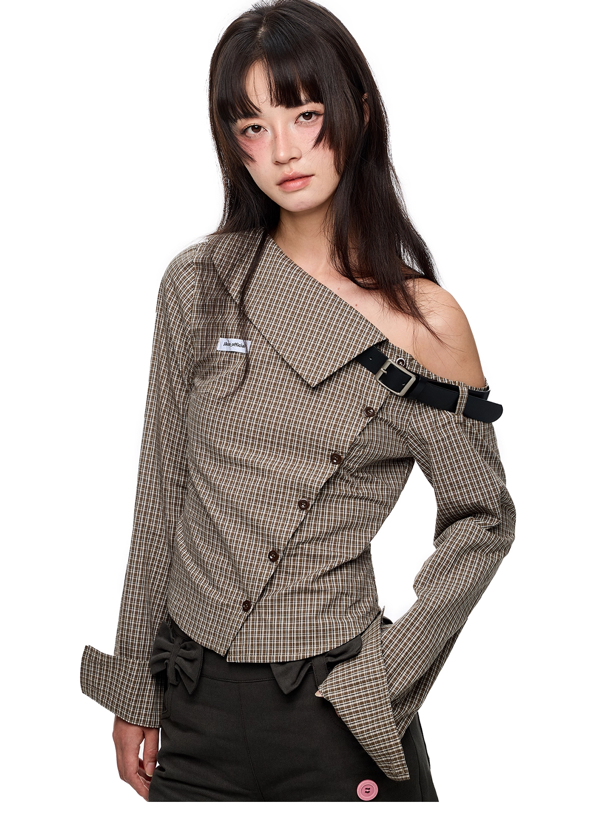 Asymmetric Off-Shoulder Plaid Long Sleeve Shirt X3331