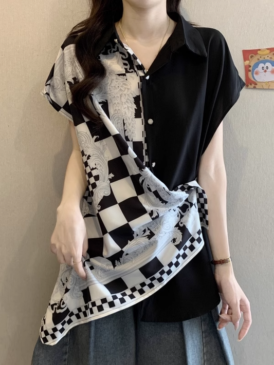 Plus Size Korean Style Loose Checkered Short Sleeve Shirt X3313