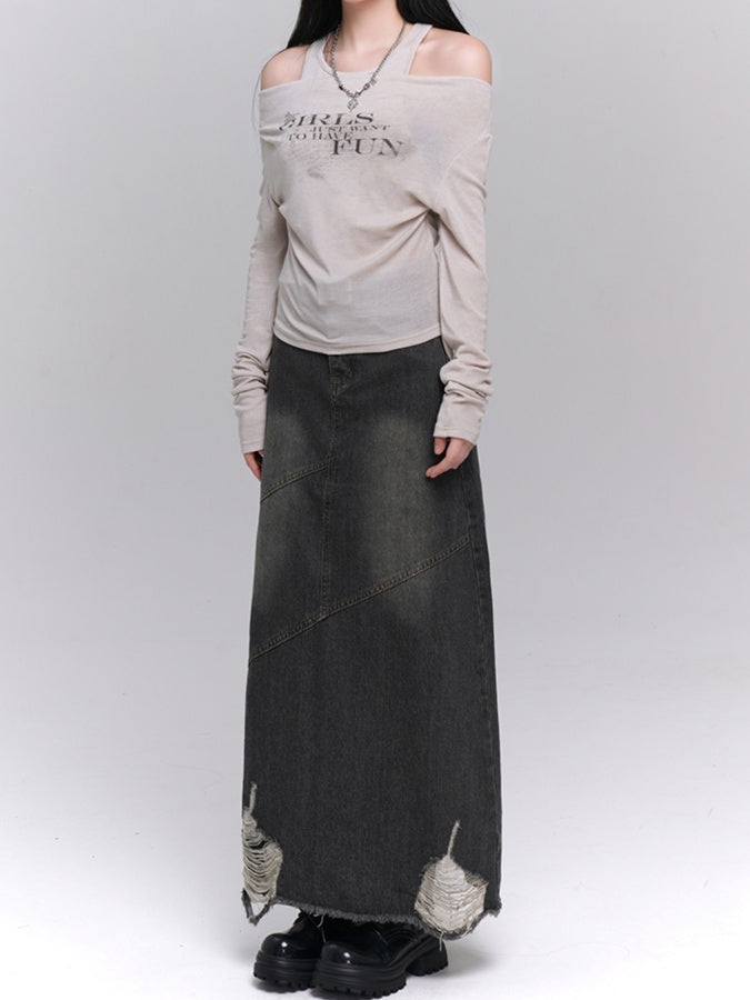 Washed Damaged Denim Skirt X2827