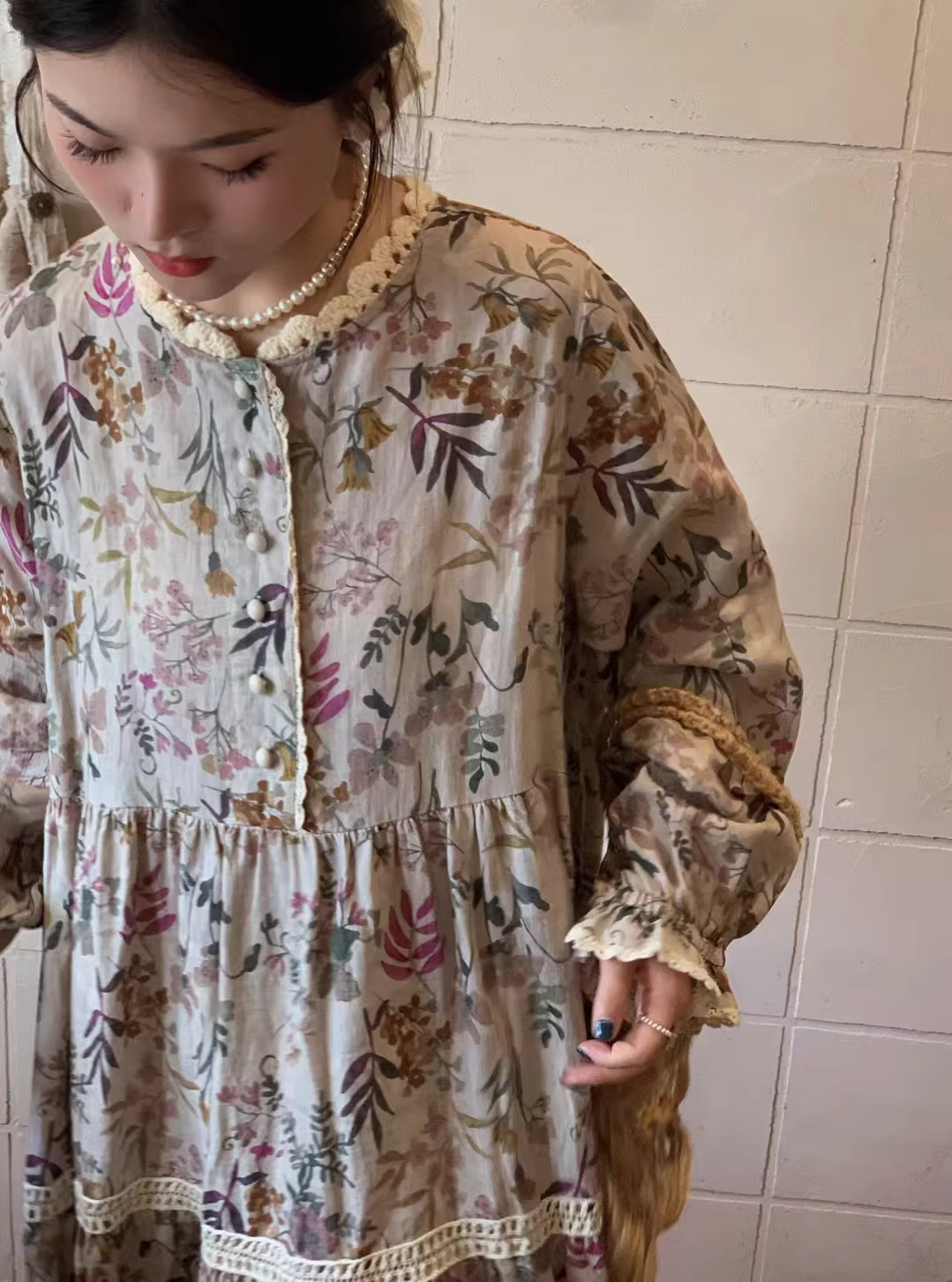 Vintage Mori Girl Style Floral Print Long Sleeve Top / Dress X3365