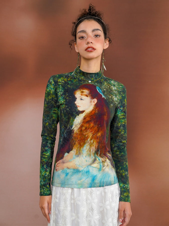 Retro Art Print Slim Bottoming Shirt X2674