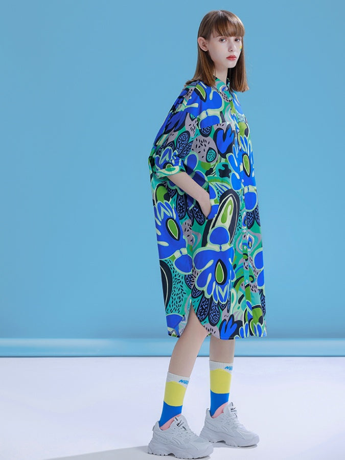Colorful Flower Pattern Shirt Dress X2784