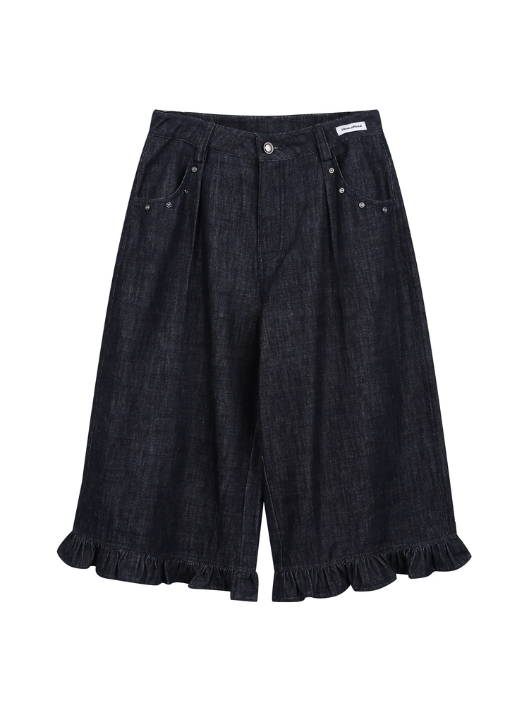 Washed Denim Wide-Leg Cropped Pants X3335