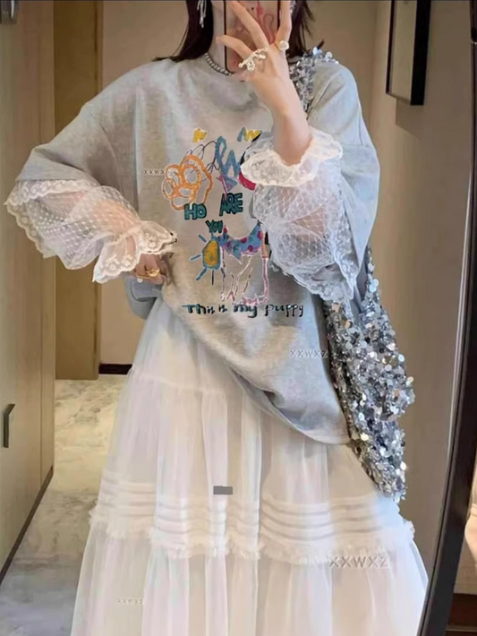 Lace-Paneled Layered-Style Graphic Tee X3288