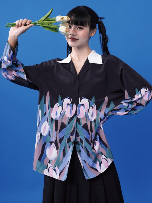 Tulip Flower Pattern Monotone Long Sleeve Design Shirt X2851