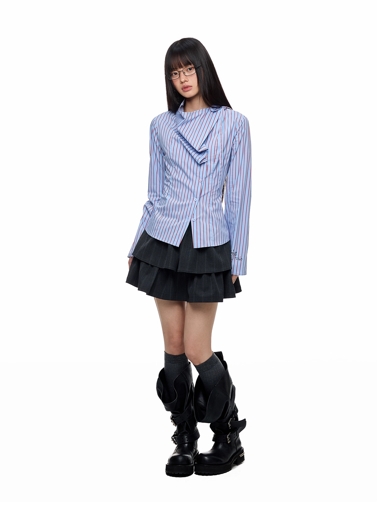Blue Striped Long Sleeve Overlap Collar Shirt X3333