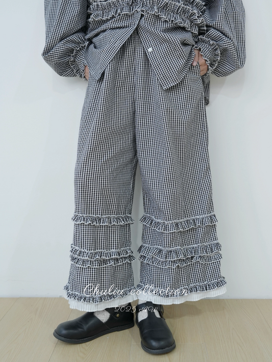 Ruffle Hem Cotton Plaid Wide-Leg Pants X3354