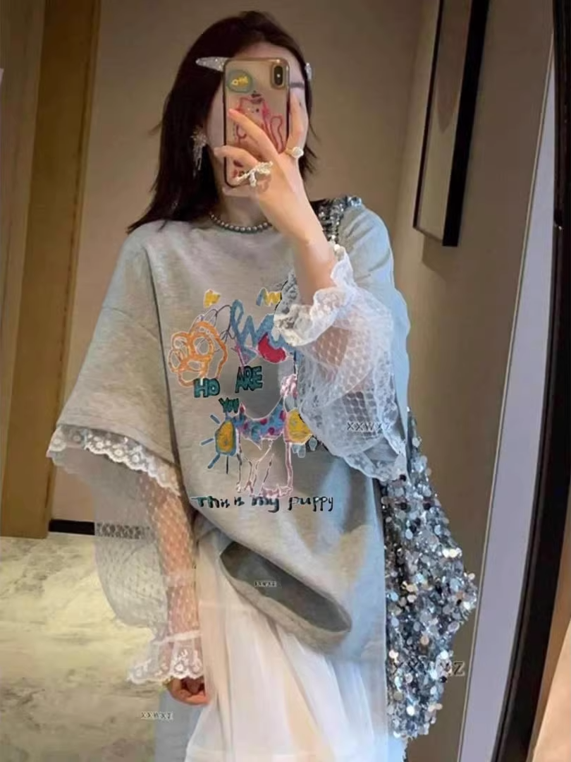蕾絲拼接層疊圖案T卹 X3288